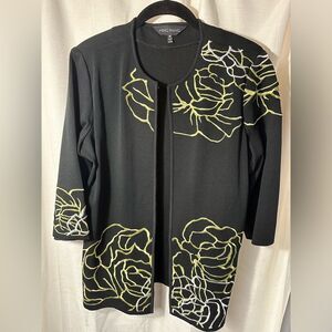 Ming Wang Black & Gold Floral Embroidered Jacket, Women's Size M, 3/4 Sleeves